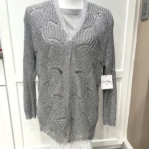 Medium Petite Shiny Sequins Sweater Top Gray Dressy Holiday Christmas NWT Glitz